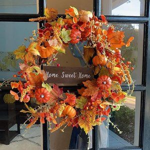 VioletEverGarden 20inch Artificial Fall Wreath with Pumpkins and Orange Leaf